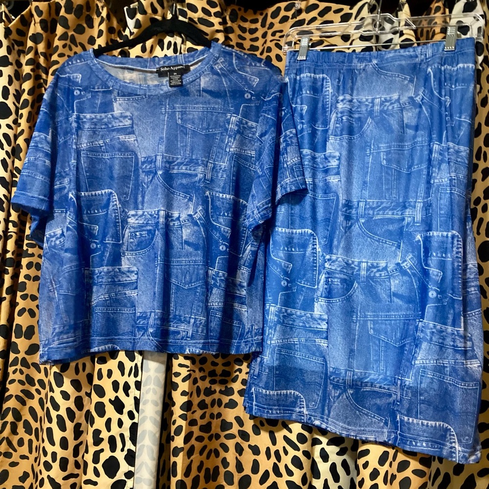 Blue Denim Print Top and Skirt Set